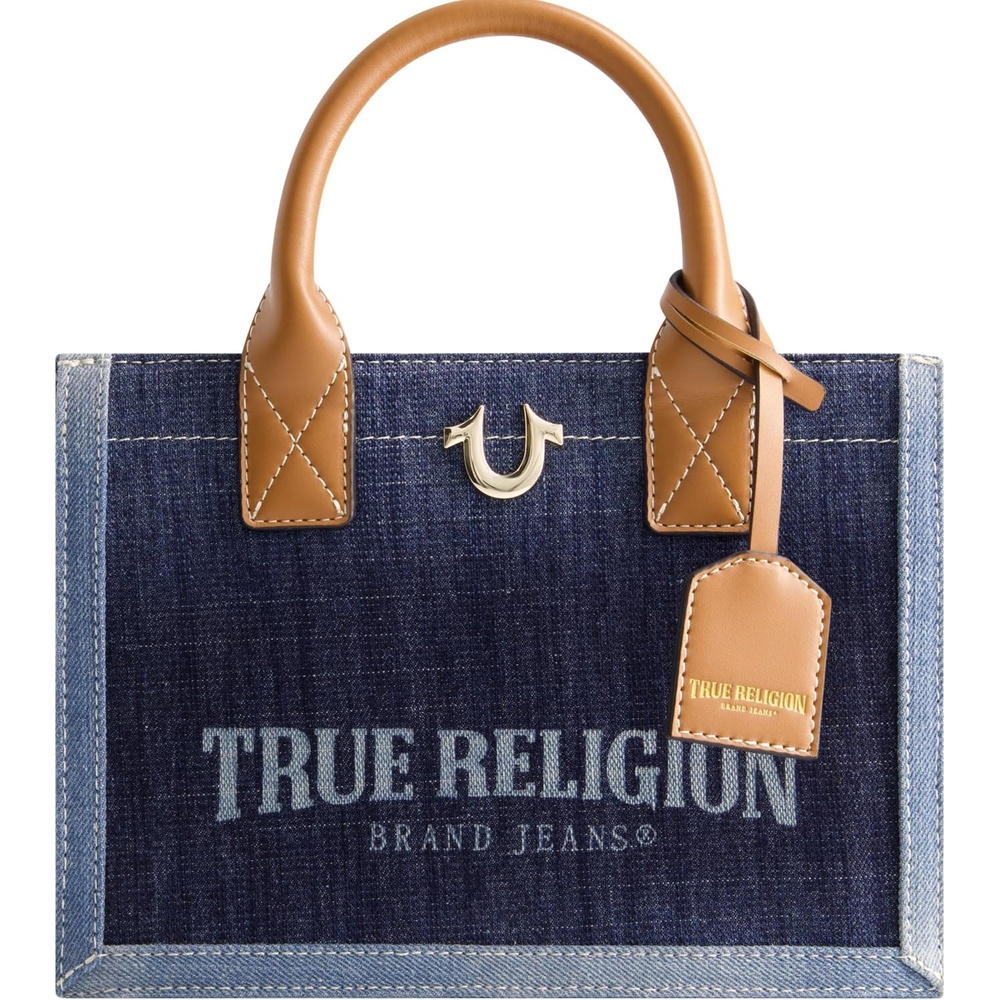 image:imageTrue Religion Womens Tote Bag Medium Travel Purse Handbag with Adjustable Shoulder Strap and Horseshoe LogoDenim