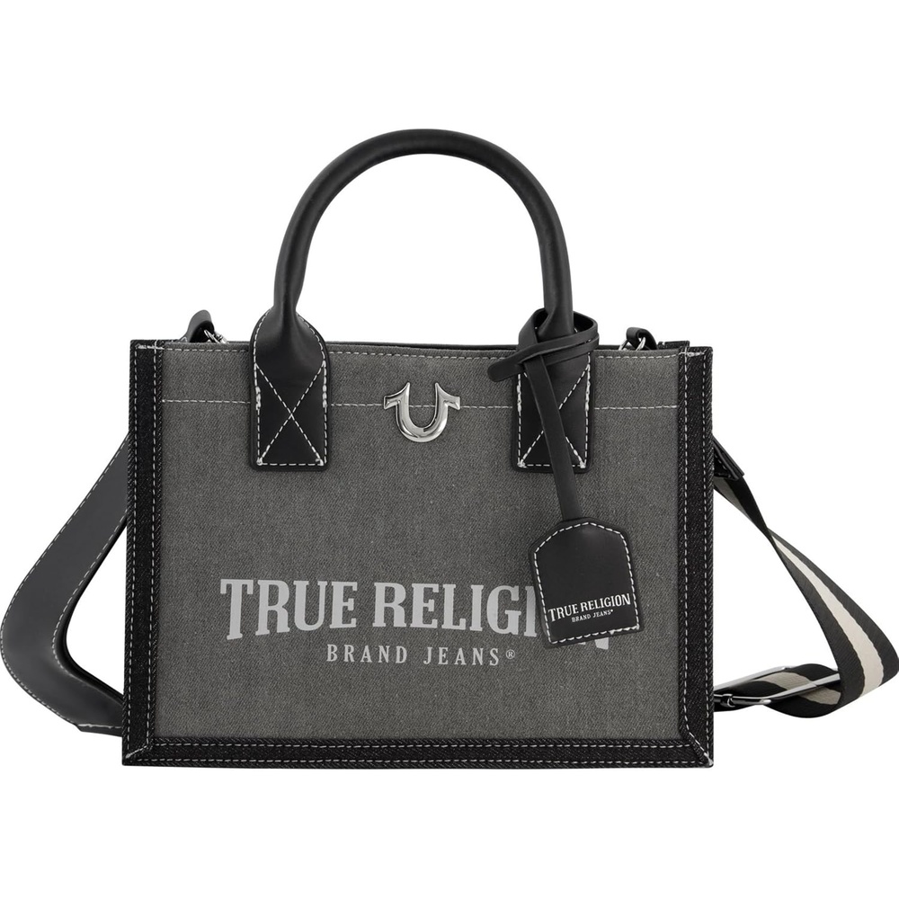 image:imageTrue Religion Womens Tote Bag Medium Travel Purse Handbag with Adjustable Shoulder Strap and Horseshoe LogoLight Grey