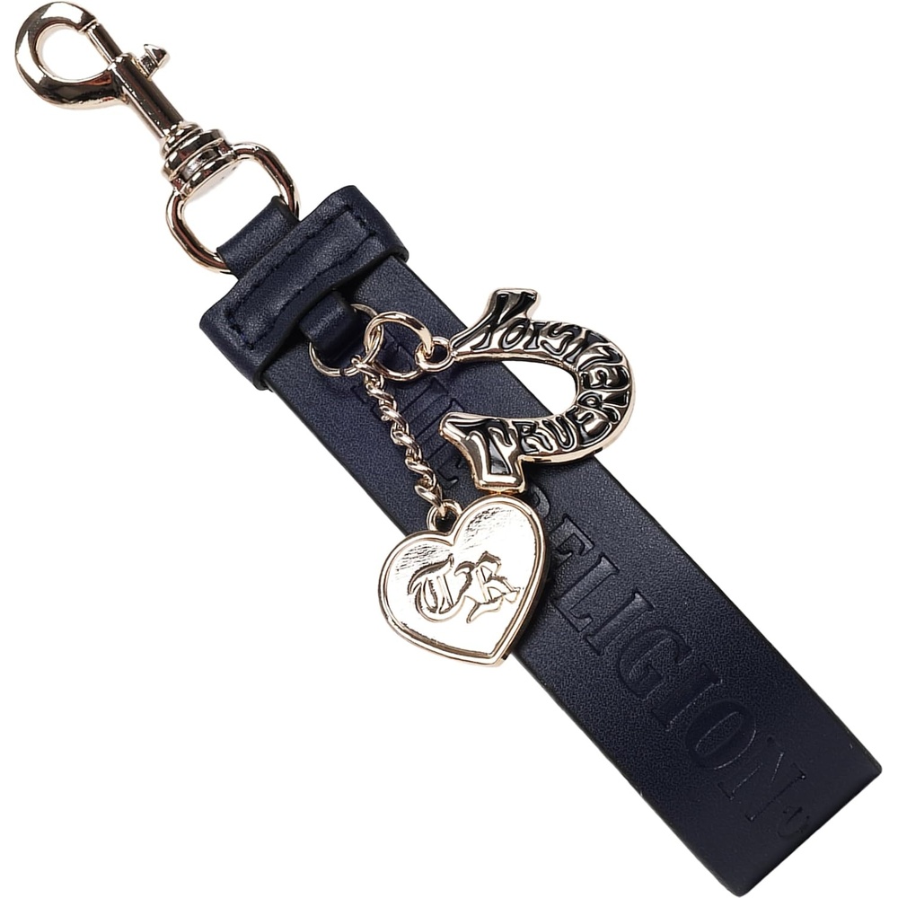 image:imageTrue Religion Womens True Religion Bag Charm Keychain Embossed Logo Strap Accessory With Heart and Horseshoe PendantsNavy