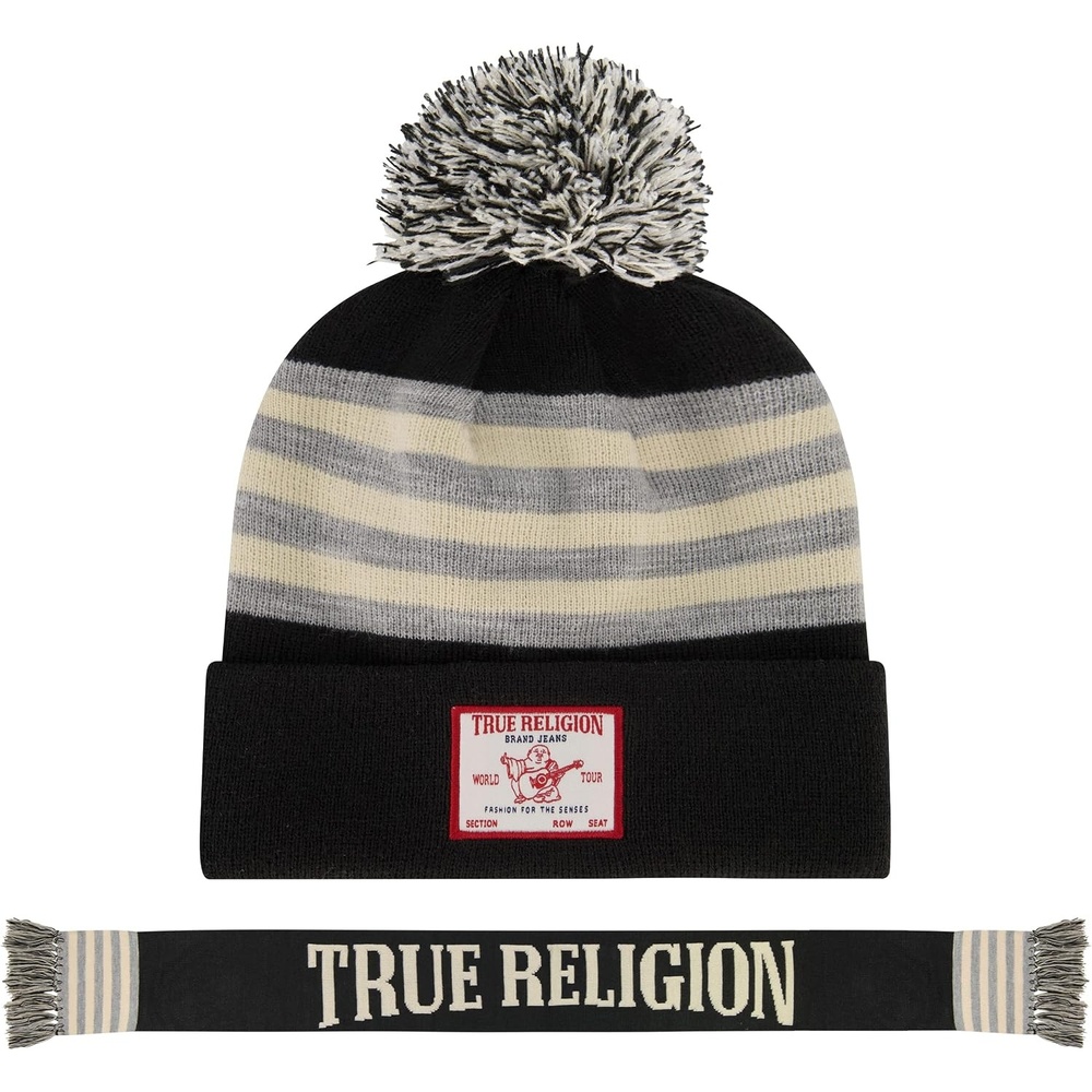 image:imageTrue Religion Womens True Religion Beanie Hat and Scarf Set Winter Cuffed Knit Cap With Pom and Stadium Style ScarfBlack
