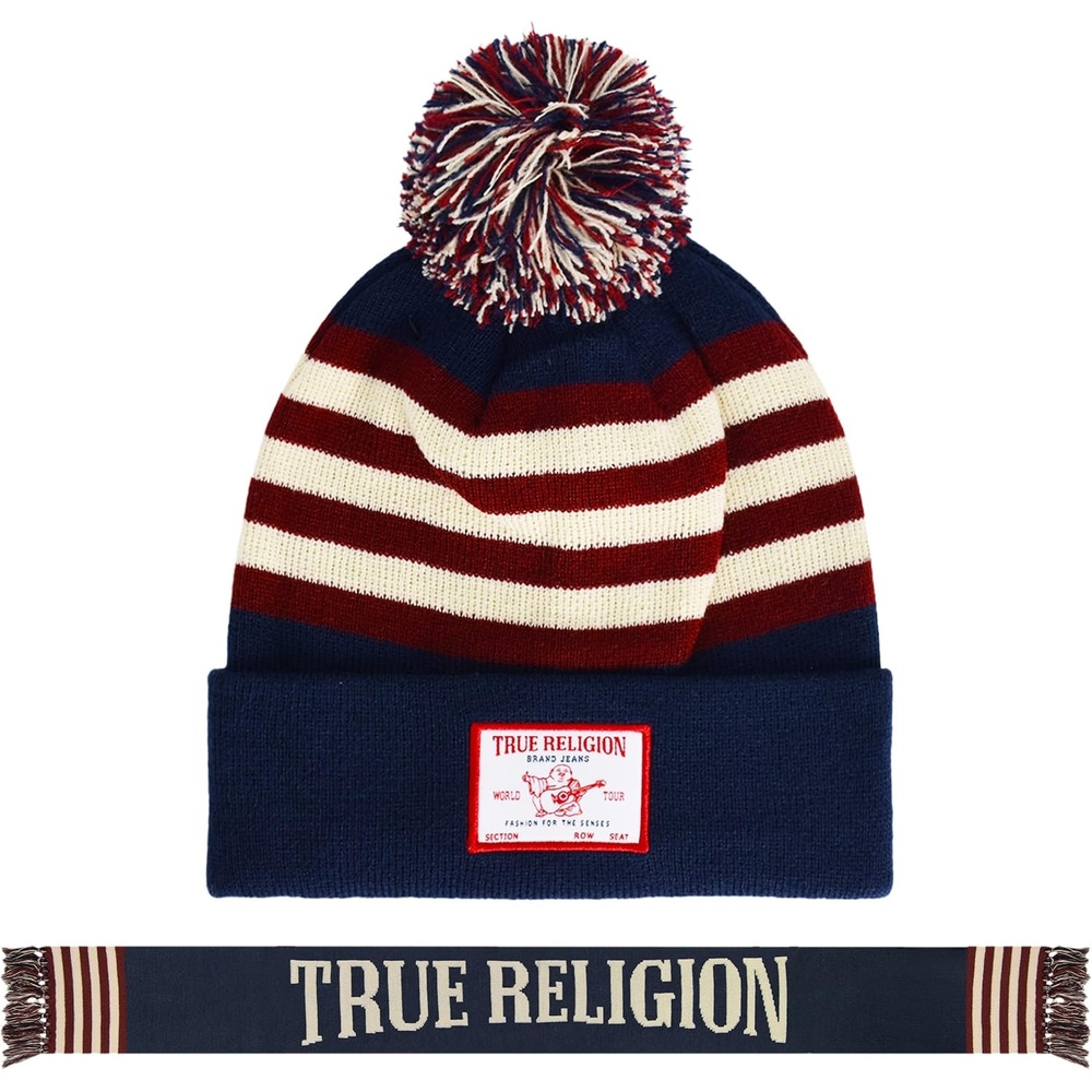image:imageTrue Religion Womens True Religion Beanie Hat and Scarf Set Winter Cuffed Knit Cap With Pom and Stadium Style ScarfNavy