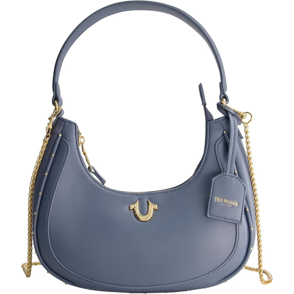 image:imageTrue Religion Womens True Religion Hobo Bag Womens Faux Leather Crescent Handbag With Adjustable Chain StrapBlue