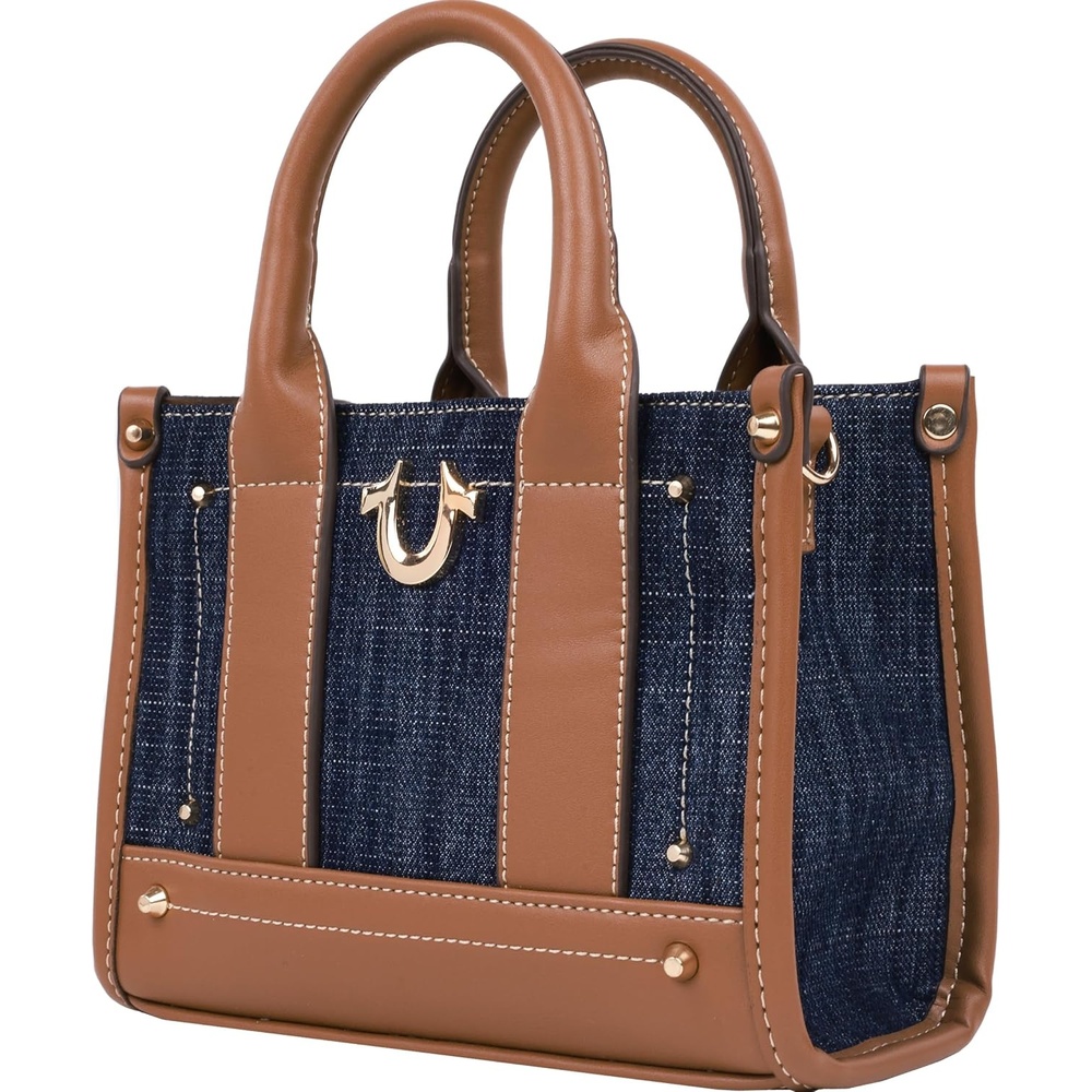 image:imageTrue Religion Womens True Religion Mini Tote Bag With Logo Strap Structured Casual Purse With Top Handles and CrossbodyDark Denim