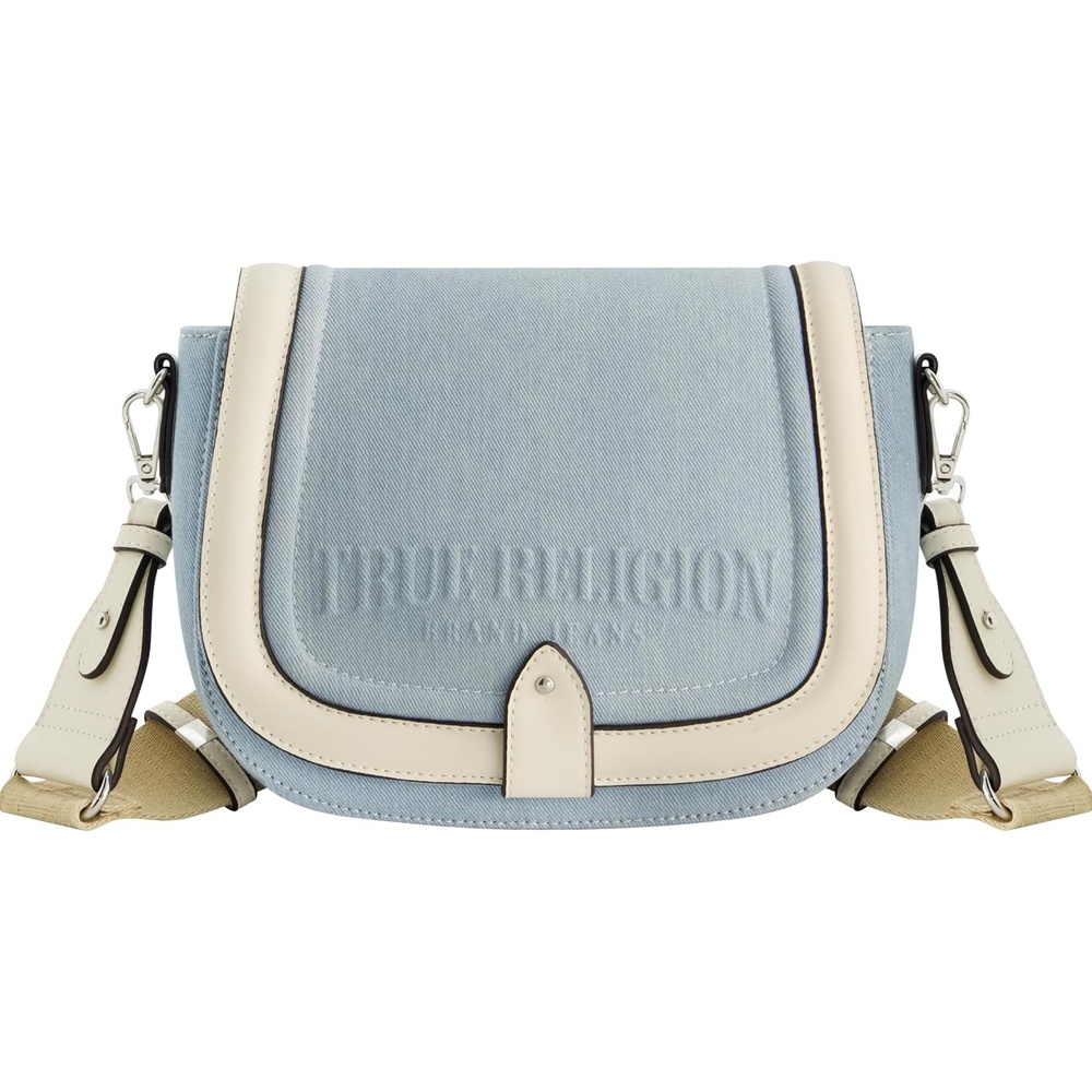 image:imageTrue Religion Womens True Religion Saddle Bag Womens Denim and Faux Leather Crossbody Purse With Adjustable Shoulder StrapLight Blue