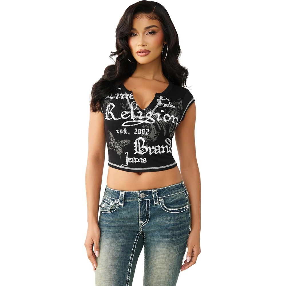 image:imageTrue Religion Womens V Notch Rib Tee  Cropped Ribbed Top  VNotch NecklineJet Black