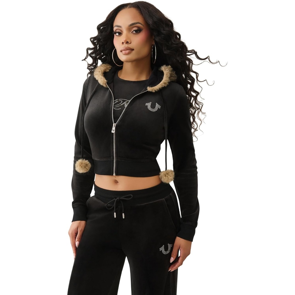 image:imageTrue Religion Womens Velour Crystal Shrunken Zip Hoodie  Hoodies for Women  Zip Up Hoodie Women  Cropped HoodieJet Black