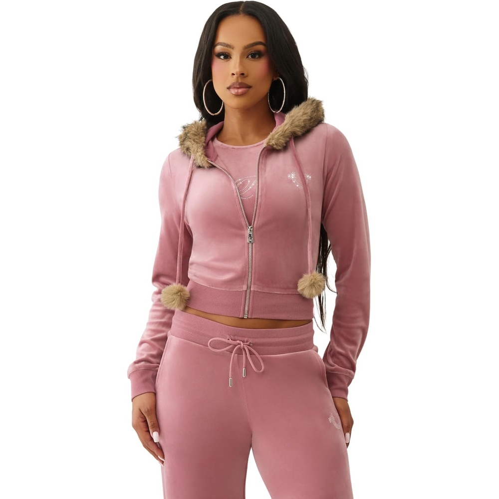 image:imageTrue Religion Womens Velour Crystal Shrunken Zip Hoodie  Hoodies for Women  Zip Up Hoodie Women  Cropped HoodieNostalgia Rose