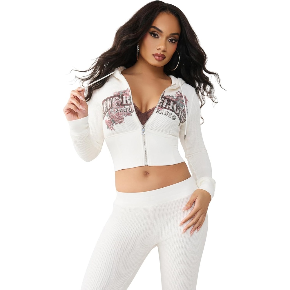 image:imageTrue Religion Womens Waffle Contour Zip Up Hoodie  Zip Front