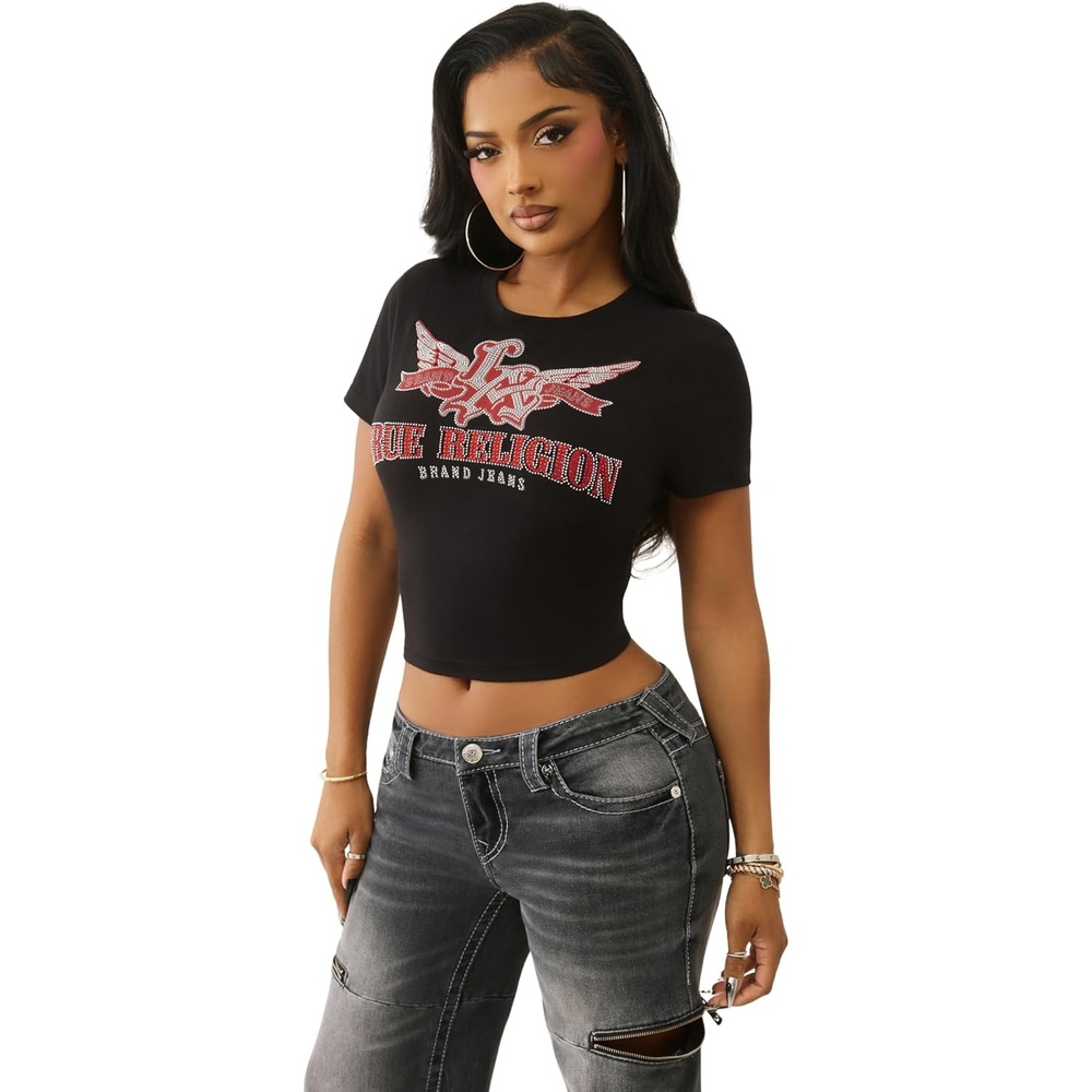 image:imageTrue Religion Womens Wing Crystal Baby Tee  Short Sleeve Crew Neck Cropped Cotton Blend Top Crystal Logo