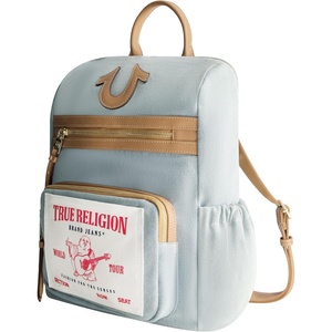 True Religion Backpack, Denim | Buddha Patch Bag with Horseshoe Logo and Zip Pocket Travel Bag