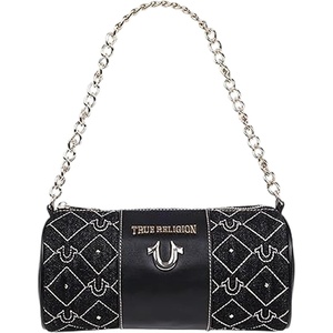 True Religion Barrel Bag, Studded Zip Top Purse with Chain Handle, Adjustable Crossbody Strap and Gold Hardware(Black)