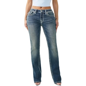 True Religion Billie Mid Rise Super T Straight Jeans for Women | Light Wash Denim with Pink Stitching & Flap Pockets