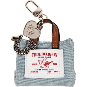 True Religion Buddha Mini Tote Bag Charm, Denim Keychain with Heart and Horseshoe Pendants, Gold Hardware, Denim | Keychain with Heart and Horseshoe Pendants, Gold Hardware