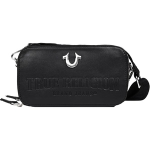 True Religion Camera Bag, Black | Double-Zip Horseshoe Crossbody Purse with Adjustable Strap, Embossed Logo and Silver Hardware