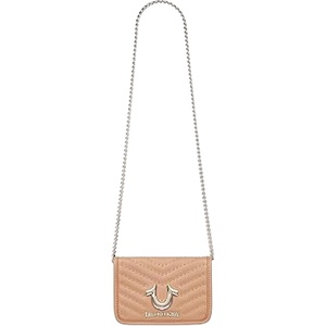 True Religion Crossbody Bag, Horseshoe Multi Stud Flap Purse with Chain Strap, Quilted Chevron Design and Gold Hardware(Camel)