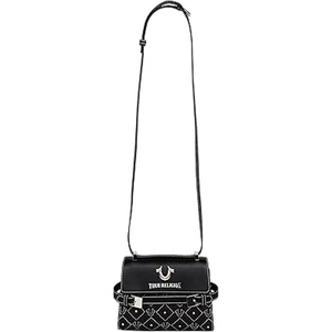 True Religion Crossbody Bag, Studded Flap Purse with Diamond Stitch Pattern, Horseshoe Logo and Silver Hardware(Black)