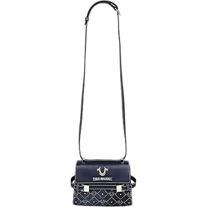True Religion Crossbody Bag, Studded Flap Purse with Diamond Stitch Pattern, Horseshoe Logo and Silver Hardware(Dark Denim)