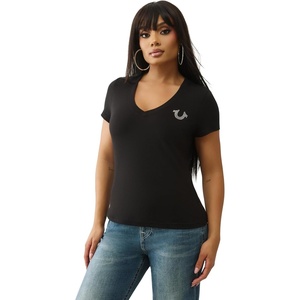 True Religion Crystal Buddha V Neck Tee for Women | Graphic Short Sleeve Cotton Blend Top(Jet Black)