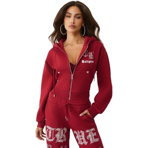 True Religion Crystal Logo Crop Zip Hoodie for Women – Cozy Fleece-Lined Cotton Blend(Rhubarb Red)