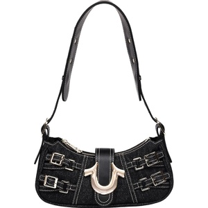 True Religion Denim Shoulder Bag, Everyday Purse with Adjustable Strap, Zip and Magnetic Snap Closure(Black Denim)