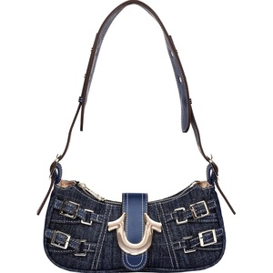 True Religion Denim Shoulder Bag, Everyday Purse with Adjustable Strap, Zip and Magnetic Snap Closure(Dark Denim)