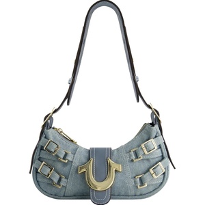 True Religion Denim Shoulder Bag, Everyday Purse with Adjustable Strap, Zip and Magnetic Snap Closure(Denim)