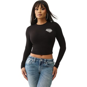 True Religion Heritage Logo Baby Tee – Women’s Cropped Graphic T Shirt, Cotton Blend Fitted Top