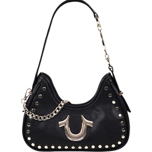 True Religion Hobo Bag, Black | Studded Pebble Shoulder Purse with Horseshoe Logo and Chain Hardware