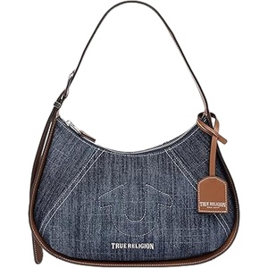 True Religion Hobo Bag, Denim Blue | Zip Closure Shoulder Purse with Adjustable Handle Drop, Silver Hardware and Signature Lining