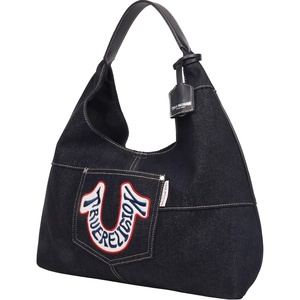 True Religion Hobo Shoulder Bag Purse, Black | Retro Denim Travel Handbag with Oversized Logo