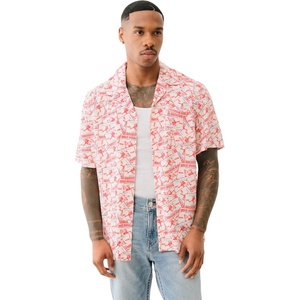 True Religion Men’s Camp Collar Shirt – Red/Blue/Natural | Short Sleeve Fit Button-Up(Red Blue Natural)