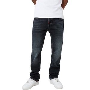 True Religion Men’s Ricky Super T Straight Leg Denim Jeans for Men | Dark Wash with Signature Horseshoe Stitching(Chanson Blue Black Wash With Rips)