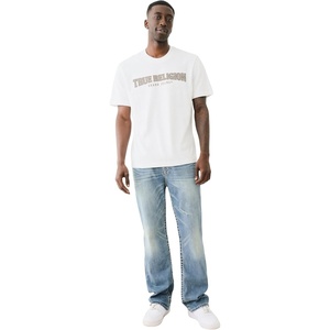 True Religion Men’s Short Sleeve Reflective Arch Tee | Modern Fit with Eye-Catching Reflective(Optic White)