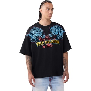 True Religion Men’s Short Sleeve Tiger Logo Oversized Tee | Soft Comfort | 100% Cotton T Shirt, Durable Fit(Jet Black)