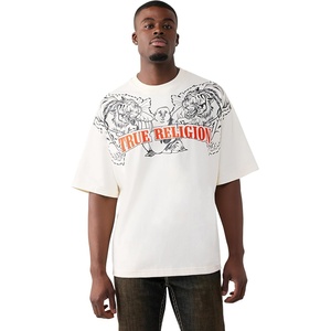 True Religion Men’s Short Sleeve Tiger Logo Oversized Tee | Soft Comfort | 100% Cotton T Shirt, Durable Fit(Winter White)