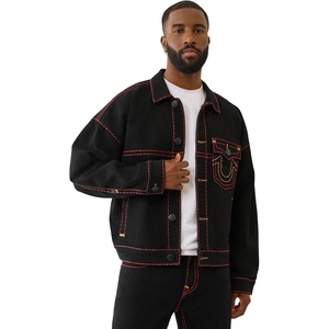 True Religion Men’s Super T Cropped Denim Jacket – Distressed Trucker with Contrast Stitching(Black Rinse)
