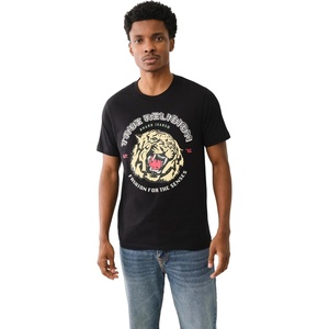 True Religion Men’s Tiger Face Bling Short Sleeve Tee | Casual Graphic Crew Neck T-Shirt-Jet Black(Jet Black)