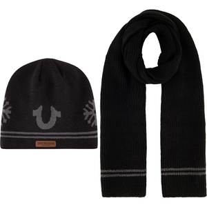 True Religion Men’s True Religion Beanie Hat and Scarf Set, Ribbed Long Winter Knit Cap and Scarf With End Stripes(Black)