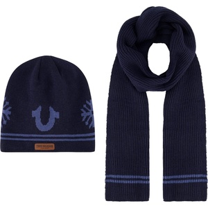 True Religion Men’s True Religion Beanie Hat and Scarf Set, Ribbed Long Winter Knit Cap and Scarf With End Stripes(Navy)