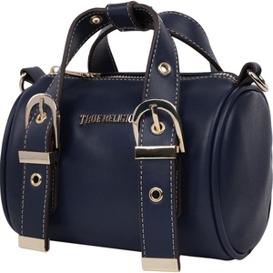 True Religion Metal Plaque Quilted Crossbody Bag, Quilted Shoulder Purse with Gold Logo and Adjustable Handbag(Navy)