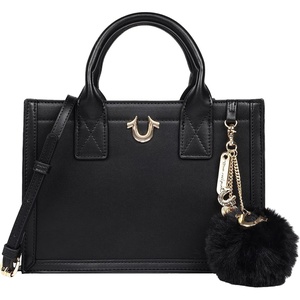 True Religion Pom Dangle Modern Tote, Structured Shoulder Bag with Removable Pom Charm, Spacious Interior(Black)