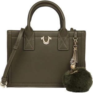 True Religion Pom Dangle Modern Tote, Structured Shoulder Bag with Removable Pom Charm, Spacious Interior(Olive)