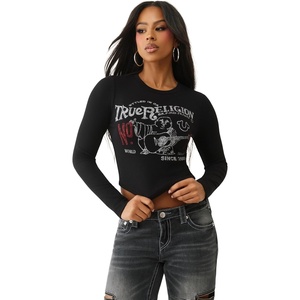 True Religion Printed Buddha Long Sleeve Baby Tee Women | Casual Trendy Top | Soft T-Shirt(Jet Black)