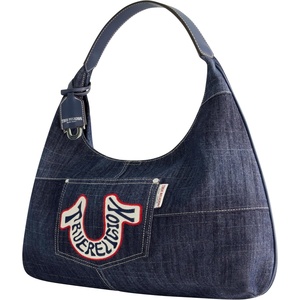 True Religion Retro Denim Hobo Bag, Oversized Horseshoe Logo Shoulder Purse with Patchwork Style Hand Bag, Dark Denim | Oversized Horseshoe Logo Shoulder Purse with Patchwork Style Hand Bag