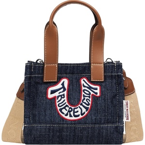 True Religion Retro Horseshoe Mini Tote, Embroidered Logo, Adjustable Strap, Silver Hardware(Dark Denim)