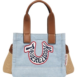 True Religion Retro Horseshoe Mini Tote, Embroidered Logo, Adjustable Strap, Silver Hardware(Denim)