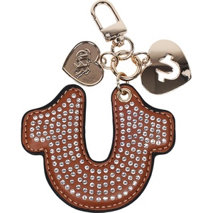 True Religion Rhinestone Horseshoe Bag Charm, Gold Hardware Keychain with Heart Pendants, Cognac | Hardware Keychain with Heart Pendants, Cognac