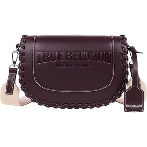 True Religion Saddle Bag, Whip Stitch Flap Crossbody Purse with Wide Logo Strap and Magnetic Closure, Wine | Whip Stitch Flap Crossbody Purse with Wide Logo Strap and Magnetic Closure, Wine