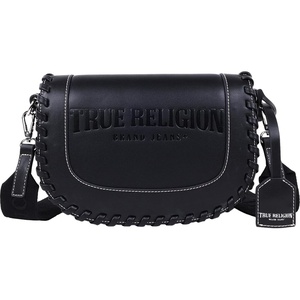 True Religion Saddle Bag, Whip Stitch Flap Crossbody Purse with Wide Logo Strap and Magnetic Closure(Black)