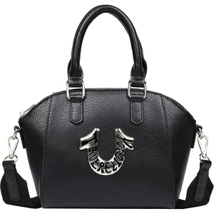 True Religion Satchel Bag, Black | Retro Horseshoe Mini Purse with Oversized Logo, Detachable Strap and Gold Hardware